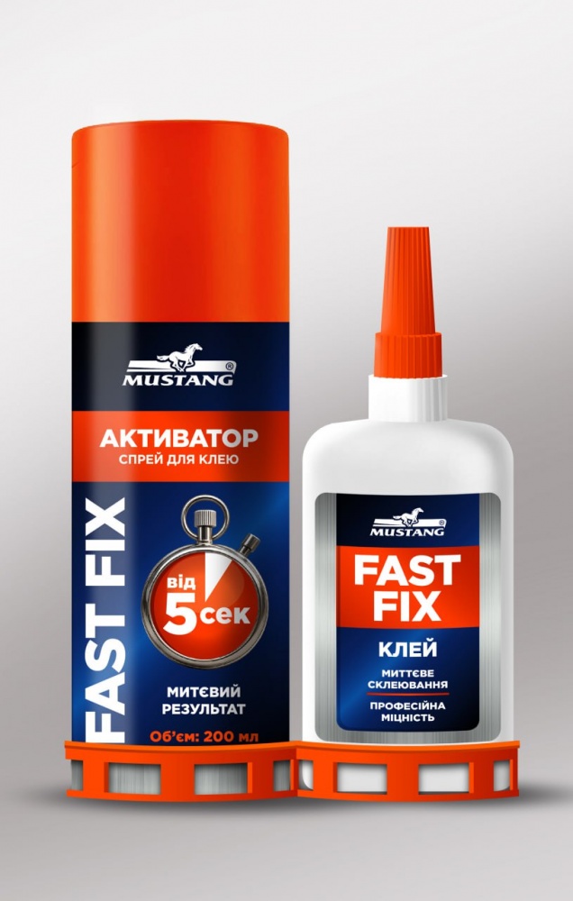 Клей двухкомпонентный Mustang + спрей-активатор FAST FIX 200 мл + 50 г