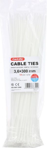 Стяжка кабельна CarLife білий, уп. 100 шт. 3,6х300мм