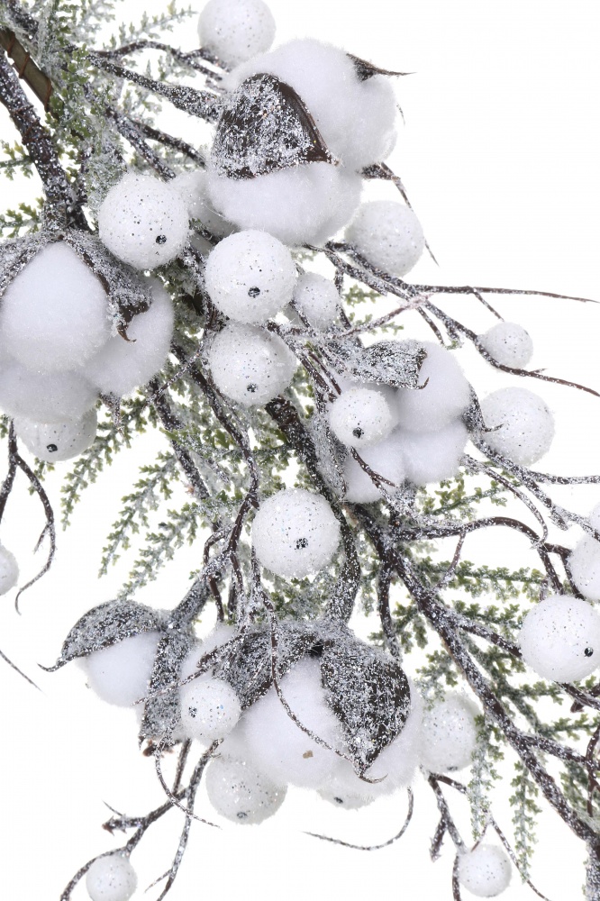 Декорація новорічна гілка з бавовною та ягодами 76 см RS1Z2776