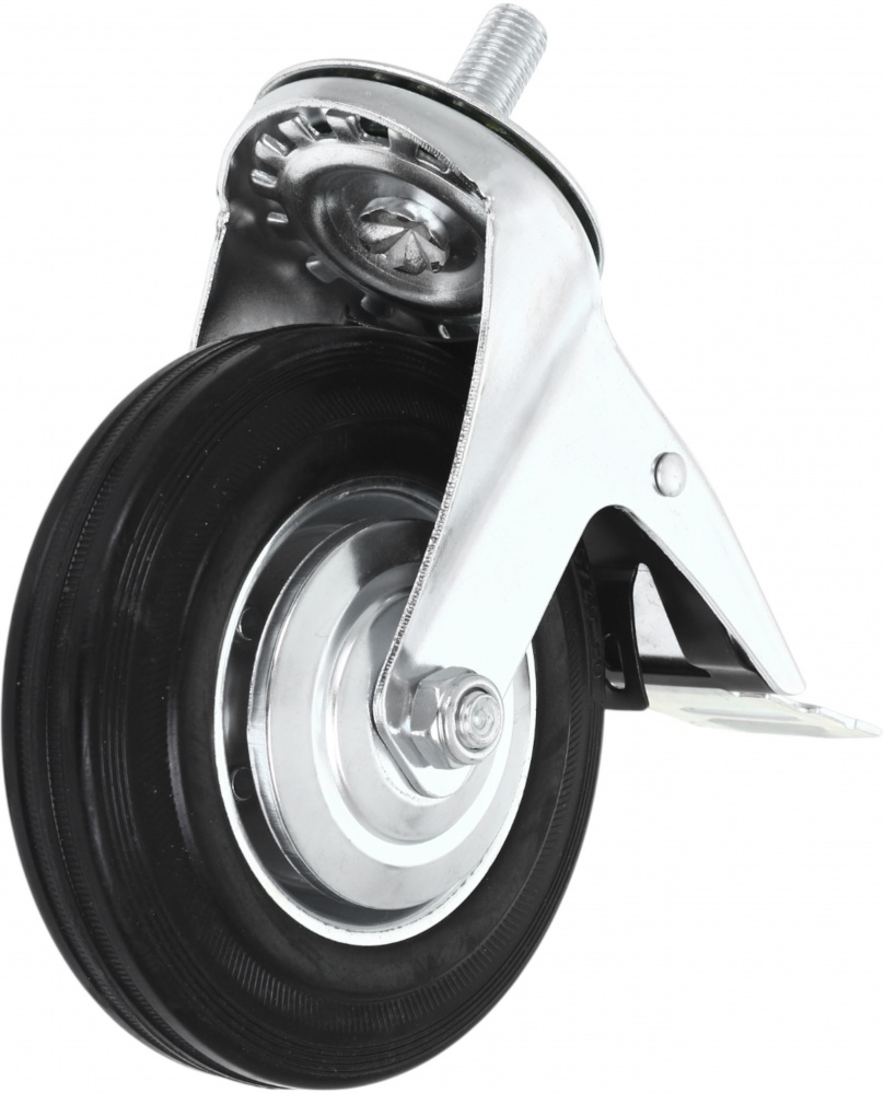 Колесо d160 мм резиновое поворотное с тормозом і резьбовым штырем M16