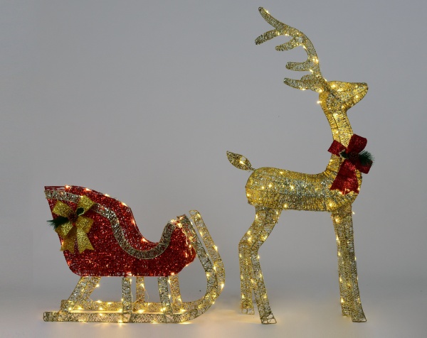 Декорация новогодняя светодиодная металлическая олень и сани светодиодная (LED) 200 ламп 120 см 