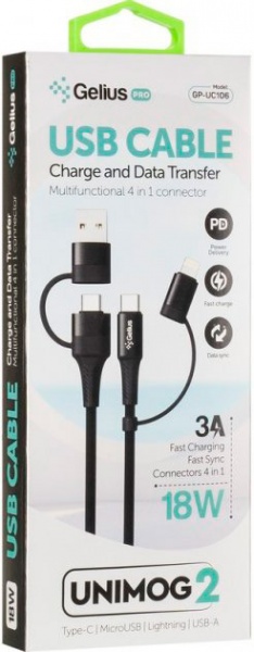 Кабель Gelius Pro Unimog 2 GP-UC106 4in1 (USB-A/Type to Type-C/Lightning) PD 1 м черный 