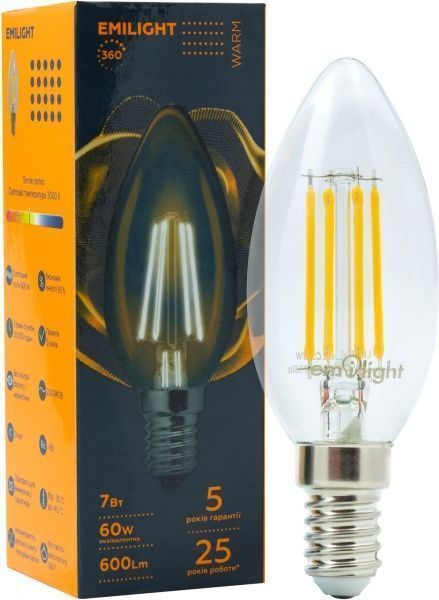 Лампа світлодіодна Emilight FIL C35 7 Вт E14 3000 К 220 В прозора 