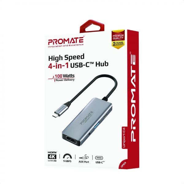 USB-хаб Promate UniPort-C4 USB-C PD/HDMI/2xUSB 3.0/AUX 3.5мм Grey