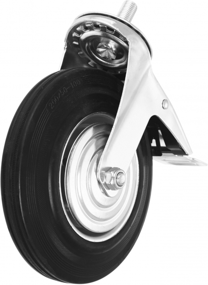 Колесо d200 мм резиновое поворотное с тормозом і резьбовым штырем M16
