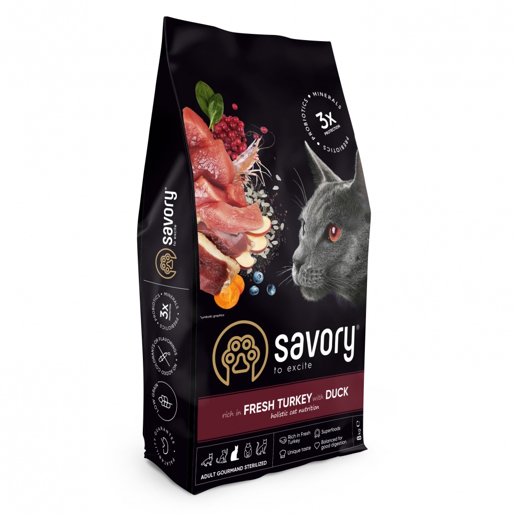 Корм сухой для стерилизованных котов Savory с индейкой и уткой 8 кг