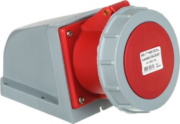 Розетка силовая стационарная с заземлением E.NEXT socket.125.32.67, 5п., 400В, 32А, IP 67 серый с красным i082011