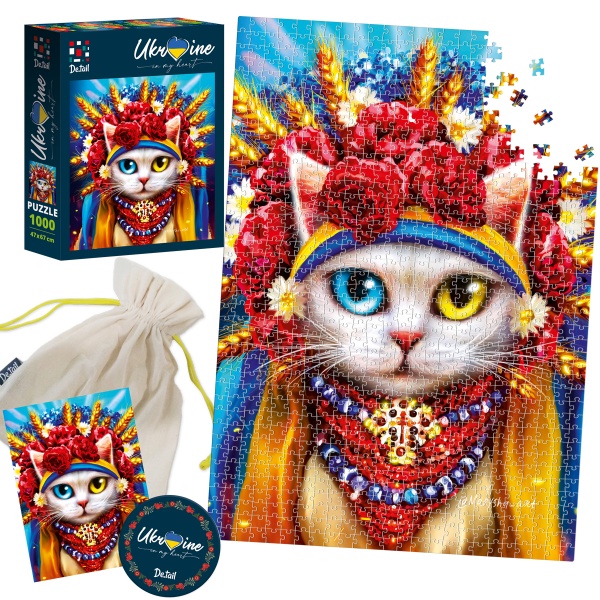 Пазли картонні De.tail Біла кішка у вінку DT1000-06