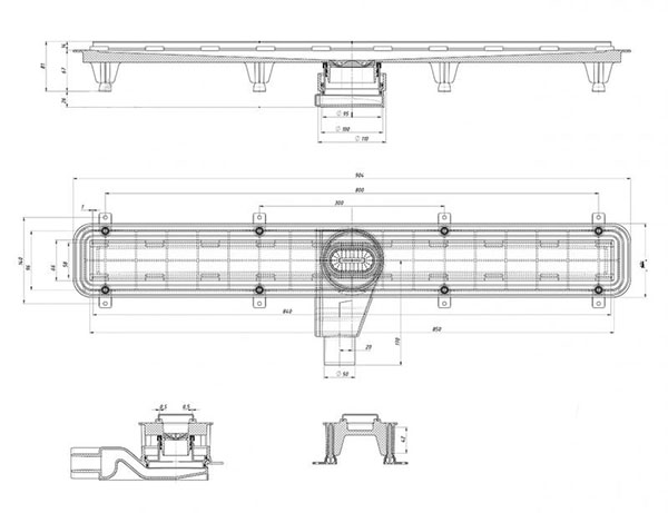 Линейный трап для душа Rhein с черной перфорированной накладкой из нержавеющей стали 850 мм.
