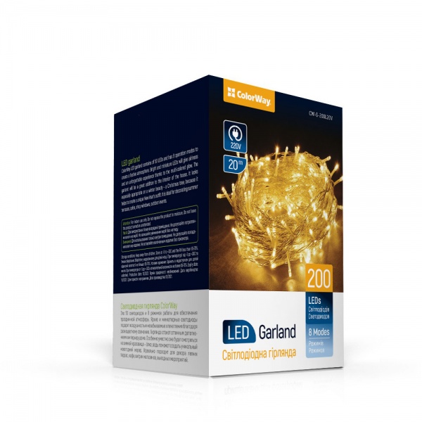 Гирлянда ColorWay 8 функций теплый цвет 220V светодиодная (LED) 200 ламп 20 м 