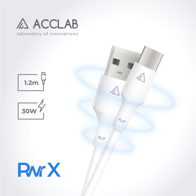 Кабель Acclab PwrX 28W USB to Type-C 1,2 м білий (1283126559532)