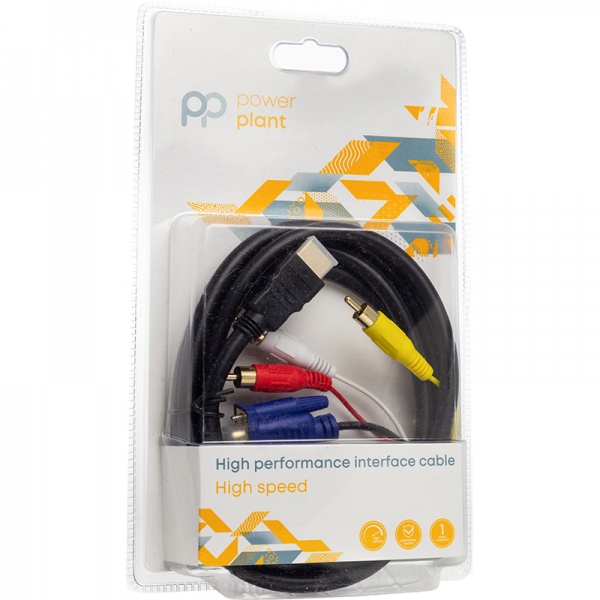 Кабель відео та живлення PowerPlant HDMI (M) – VGA (M)/3хRCA (M) 1080p 1 м чорний (CA912018) 