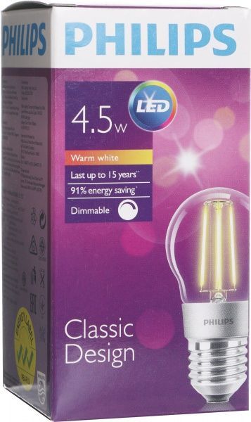Лампа світлодіодна Philips LEDClassic P45 прозора 4,5 Вт E27 220-240 В тепло-білий 929001227608