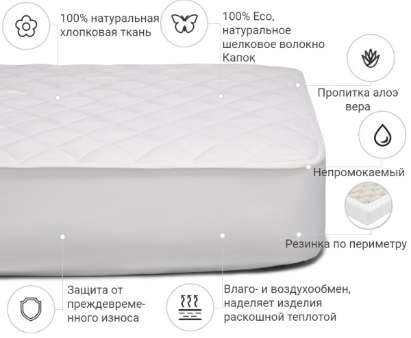 Наматрасник MirSon Natural Line Стандарт Silk Aloe Vera 979 водонепроницаемый с резинкой по периметру 26х180x190 см 2200000839480 