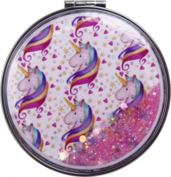 Зеркало карманное косметическое Лідер Канц Единорог с сыпучими блестками круглое 12 вариантов в ассортименте 