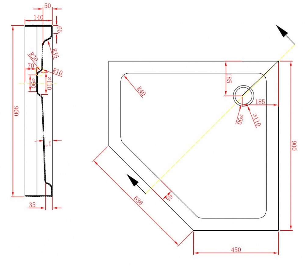 Поддон душевой EGO пятиугольный LEX 90x90x14 см P39