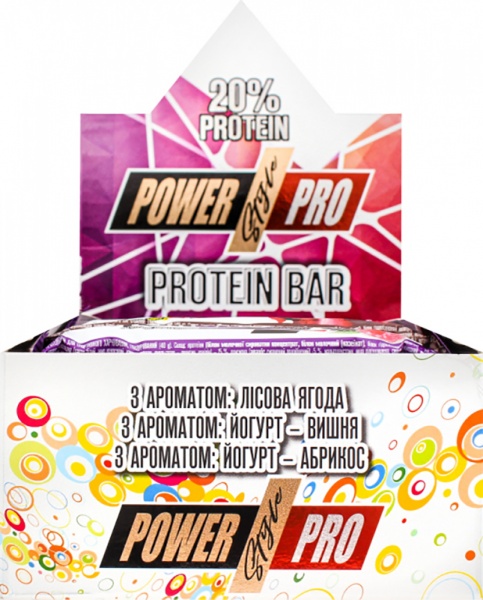 Протеїновий батончик POWER PRO зі смаками лісова ягода, йогурт-вишня, йогурт-абрикос 40 г