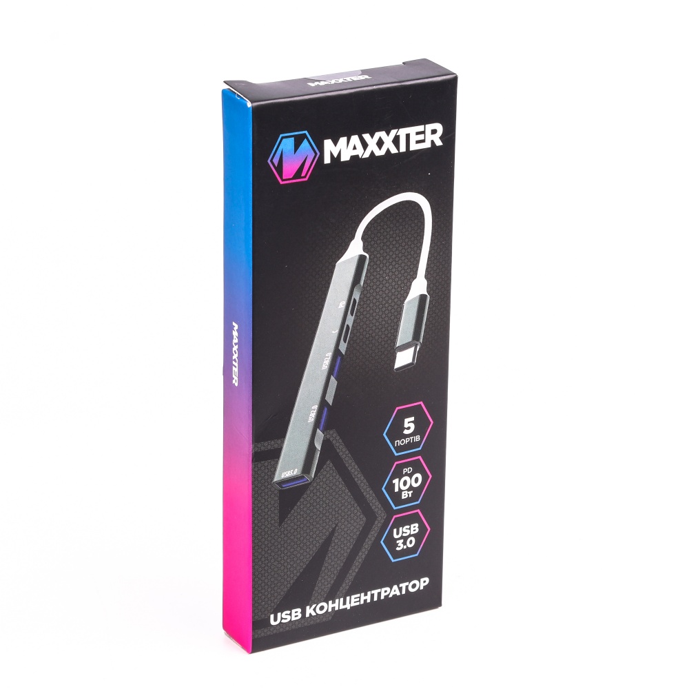 USB-хаб Maxxter HU3C-4P1PD-01, USB 3.0 Type-С на 5 портов, PD100W charging