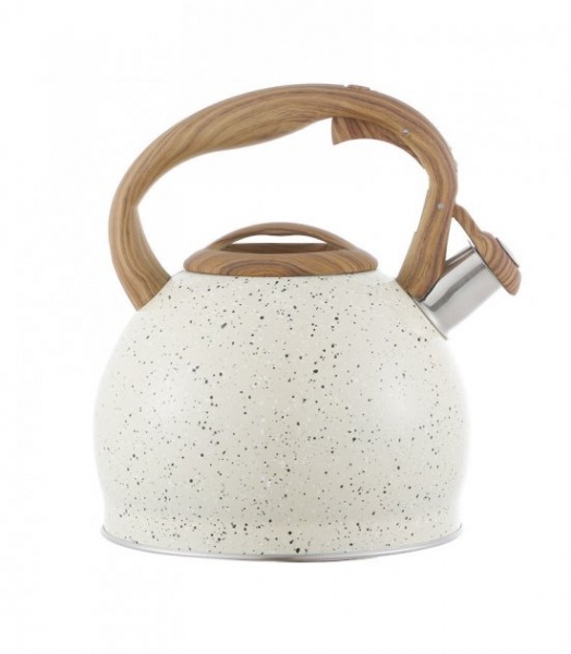 Чайник со свистком белый гранит с ручкой под дерево 3 л Empire