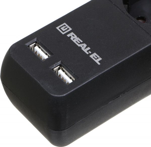 Фильтр-удлинитель REAL-EL RS-PROTECT USB с заземлением 6 гн. черный 3 м RS-6 PROTECT USB, 3m, black (R 