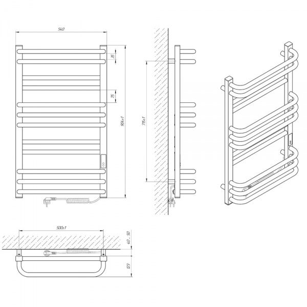 Полотенцесушитель электрический Rhein Orion S12 500х900 E R PE/MAT RAL9005 320W