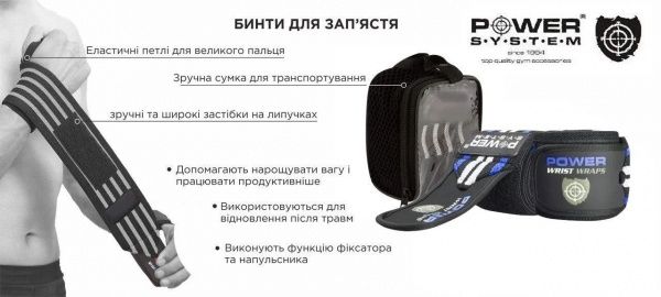 Бинт еластичний Power System р. універсальний Wrist Wraps PS-3500 чорний із синім