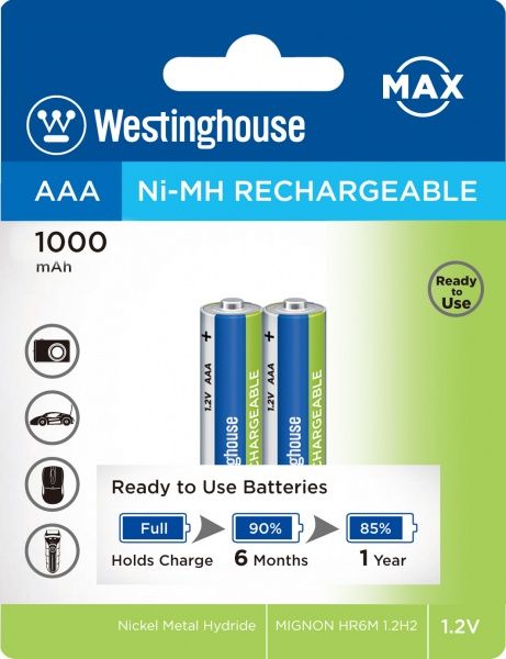 Аккумулятор Westinghouse Ni-Mh 1000mAh Max AAA (R03, 286) 2 шт. (NH-AAA1000ARBP2-Max) 