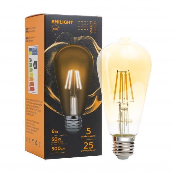 Лампа світлодіодна Emilight FIL Gold ST64 6 Вт E27 3000 К 220 В прозора 