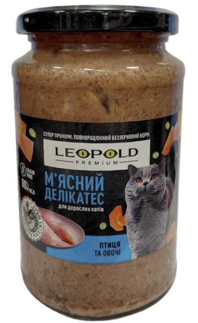 Консерва для взрослых котов Леопольд Premium беззерновой мясной деликатес птица с овощами 400 г