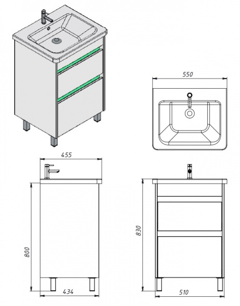 Тумба напольная ЮВЕНТА Luton - 55 Дуб Вотан (на ножках) с умывальником 
