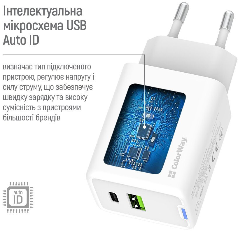 Мережевий зарядний пристрій ColorWay GaN Mini 45W PD Port PPS USB (Type-C PD + USB QC4.0) білий (CW-CHS060PD-WT)