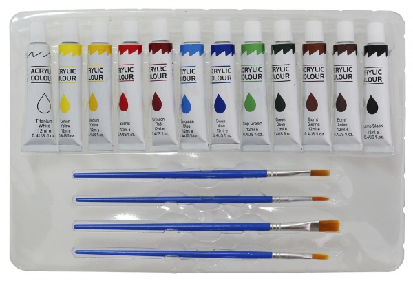 Набір акрилових фарб 12 кольорів + 4 пензлики + 1 палітра 7652C 12 мл CLASS