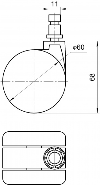 Ролик мебельный поворотный с осью 11 мм D60 Н68 Burak