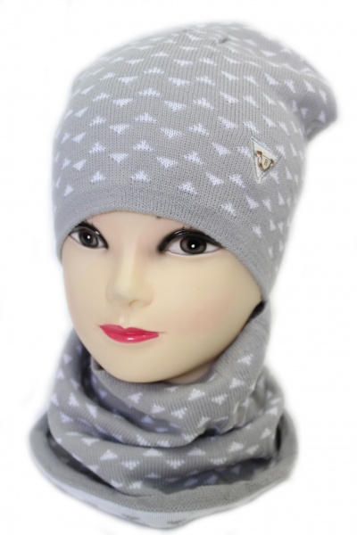 Комплект шапка + снуд для девочек Kraft+ р.52-54 серый с белым 1509 