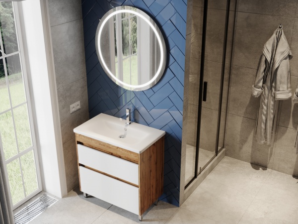 Тумба напольная ЮВЕНТА Luton - 80 Дуб Вотан (на ножках) с умывальником Soft-80