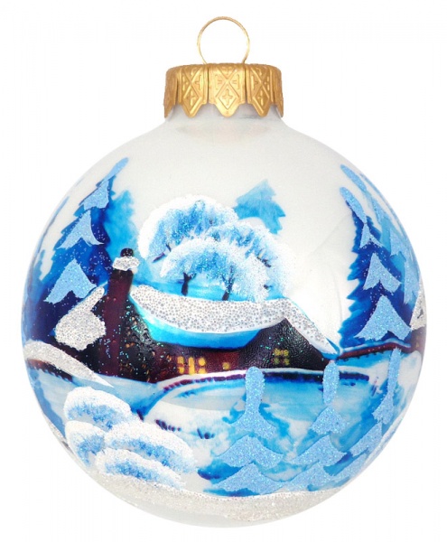 Шар стеклянный с пейзажным рисунком 80 мм белый перламутровый 80Dпз(3)/1