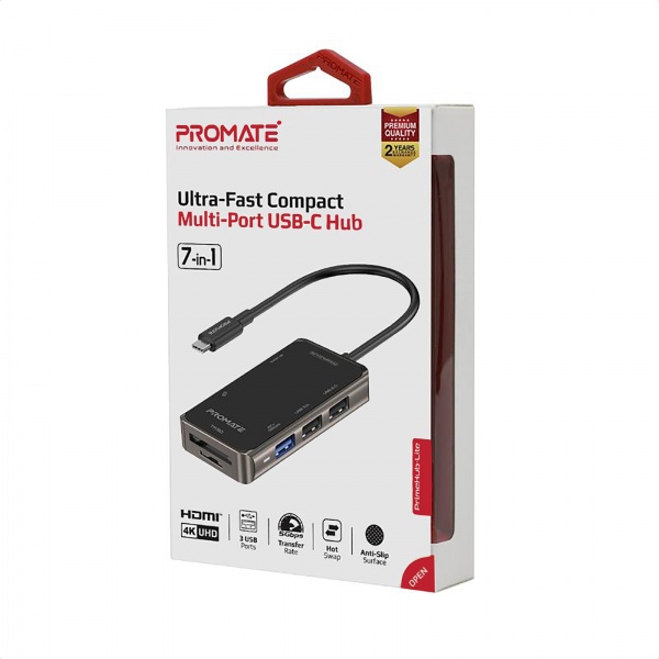 USB-хаб Promate USB-C хаб 7-в-1 PrimeHub-Lite HDMI/USB-C/USB 3.0/2xUSB 2.0/SD/MicroSD Grey