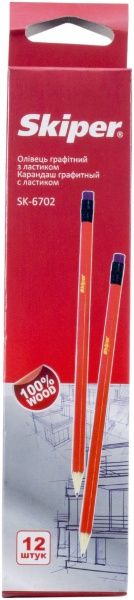 Набір олівців SK-6702 чорнографітних 12 шт з гумкою Skiper