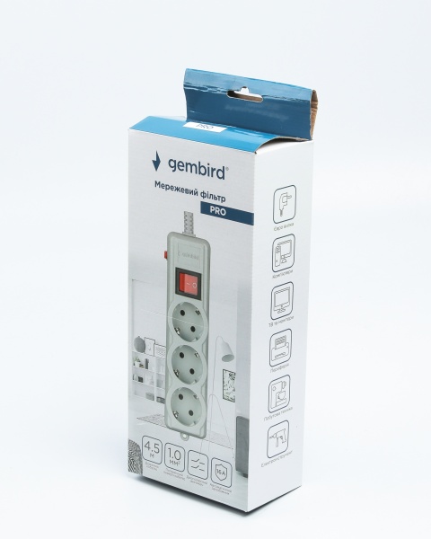 Сетевой фильтр Gembird SPG3-G-15G-PRO с заземлением 3 гн. серый 4,5 м SPG3-G-15G-PRO 