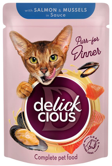 Корм вологий для котів DELICKCIOUS шматочки з лососем і мідіями в соусі 85 г