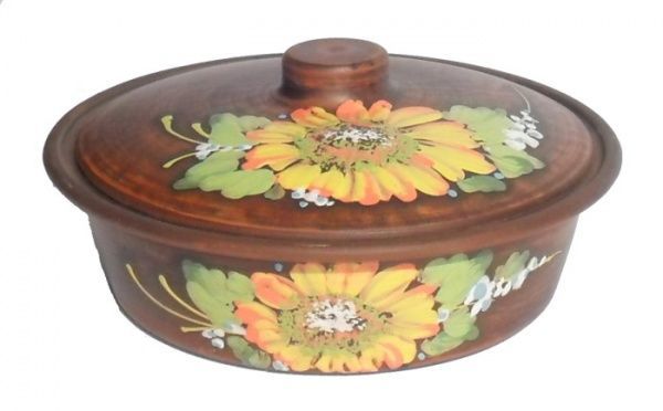 Блюдо з кришкою глиняне Соняшник d23 см 1,2 л Український гончарний посуд 