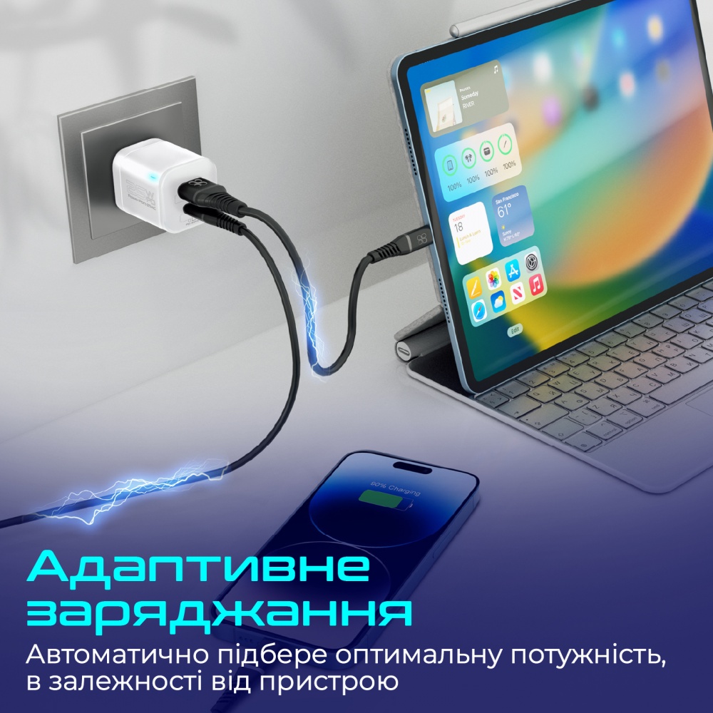 Сетевое зарядное устройство Promate 25W PD USB-A USB-C белый (powerport-25ac.white)