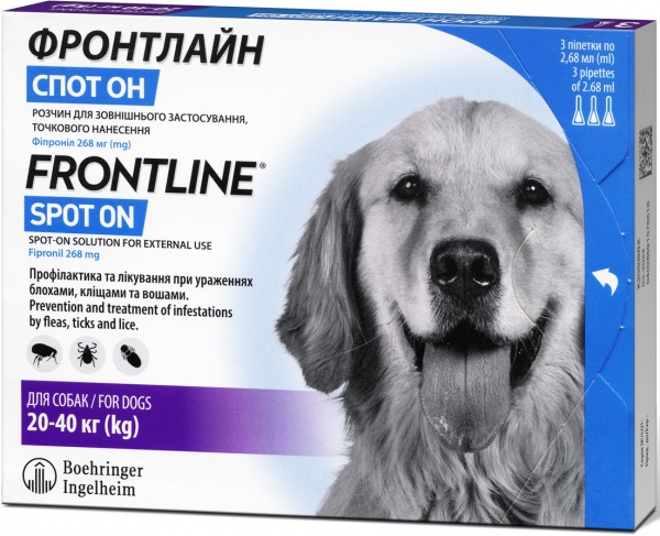 Капли Frontline от блох и клещей для собак Spot-on вес 20-40кг 2,68 мл (за одну пипетку) 159924