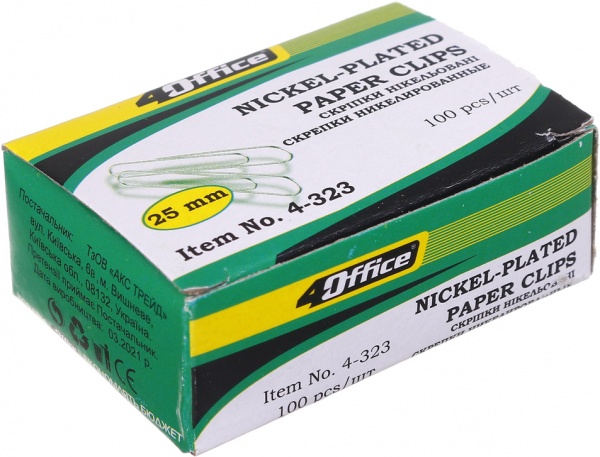 Скрепки 25мм 100шт. никелированные 4-323 4Office
