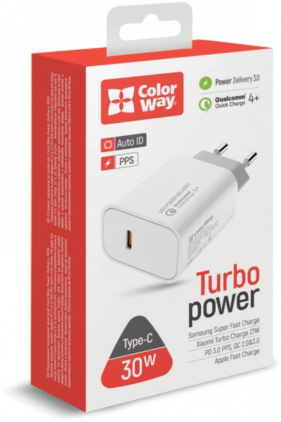 Зарядное устройство ColorWay Power Delivery Port PPS USB Type-C (30W) white (CW-CHS038PD-WT) 