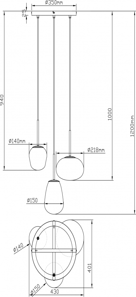 Світильник підвісний Sensio Hollywood 3x40 Вт E14 чорний із бурштиновим ALB-P00418-AM-E