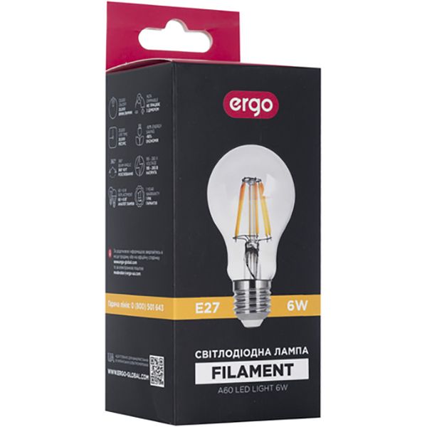 Лампа світлодіодна Ergo FIL A60 6 Вт E27 3000 К 175-250 В прозора