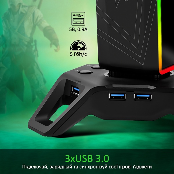 Тримач для навушників Vertux black (hexarack.black) USB хаб 3xUSB 3.0/2xAUX 3.5 мм 