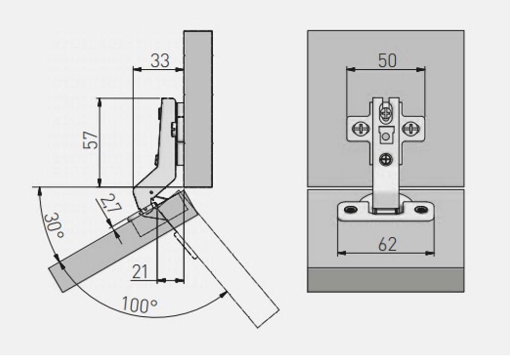 Петля угловая GTV 100° Slide-On без доводчика ZP-KT30H2-BE