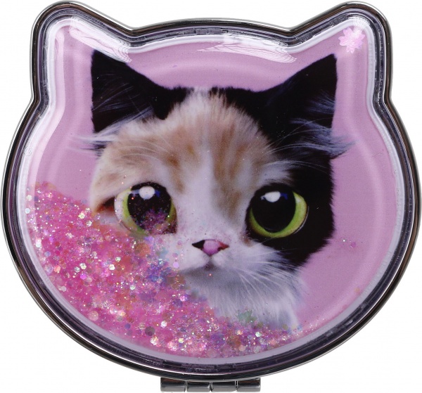 Зеркало карманное косметическое Лідер Канц Котик с сыпучими блестками фигурное 12 вариантов в ассортименте 